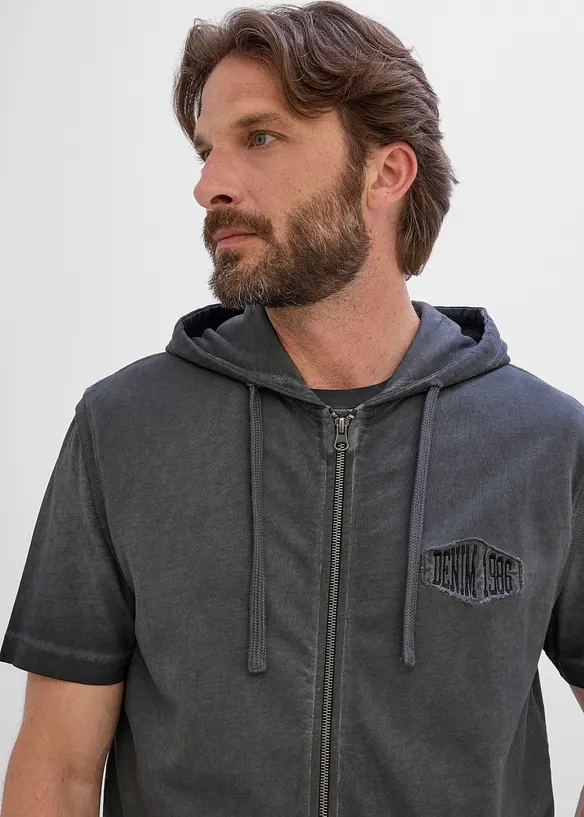 Gilet in felpa di puro cotone con zip, cappuccio ed effetto lavato, bonprix