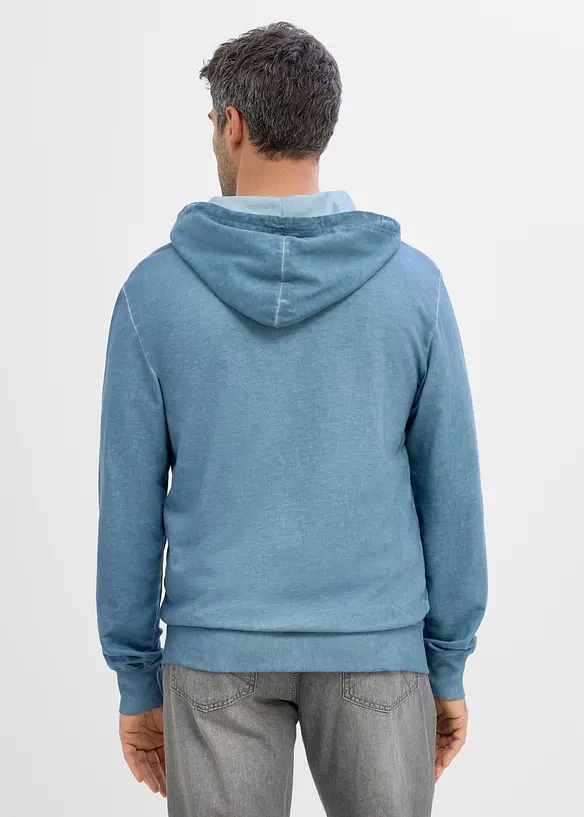 Felpa in puro cotone con zip, cappuccio ed effetto lavato, bonprix