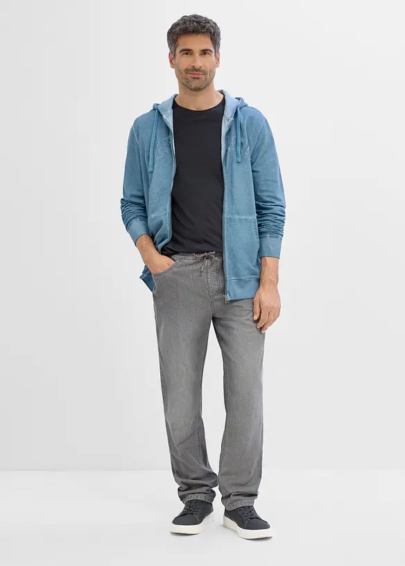 Felpa in puro cotone con zip, cappuccio ed effetto lavato, bonprix