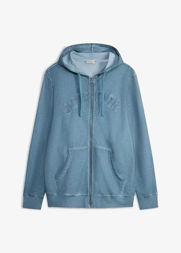 Felpa in puro cotone con zip, cappuccio ed effetto lavato, bonprix