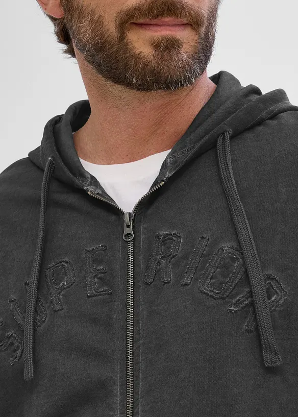 Felpa in puro cotone con zip, cappuccio ed effetto lavato, bonprix