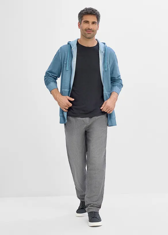 Felpa in puro cotone con zip, cappuccio ed effetto lavato, bonprix
