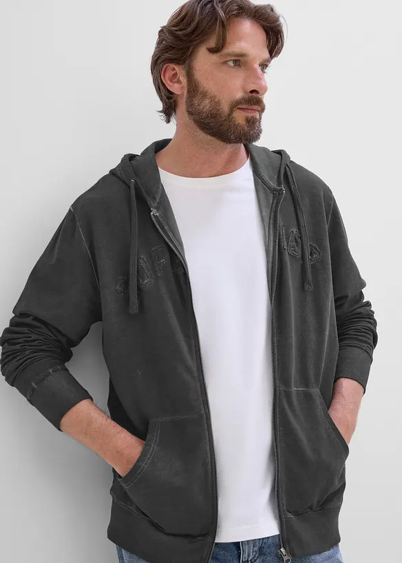 Felpa in puro cotone con zip, cappuccio ed effetto lavato, bonprix