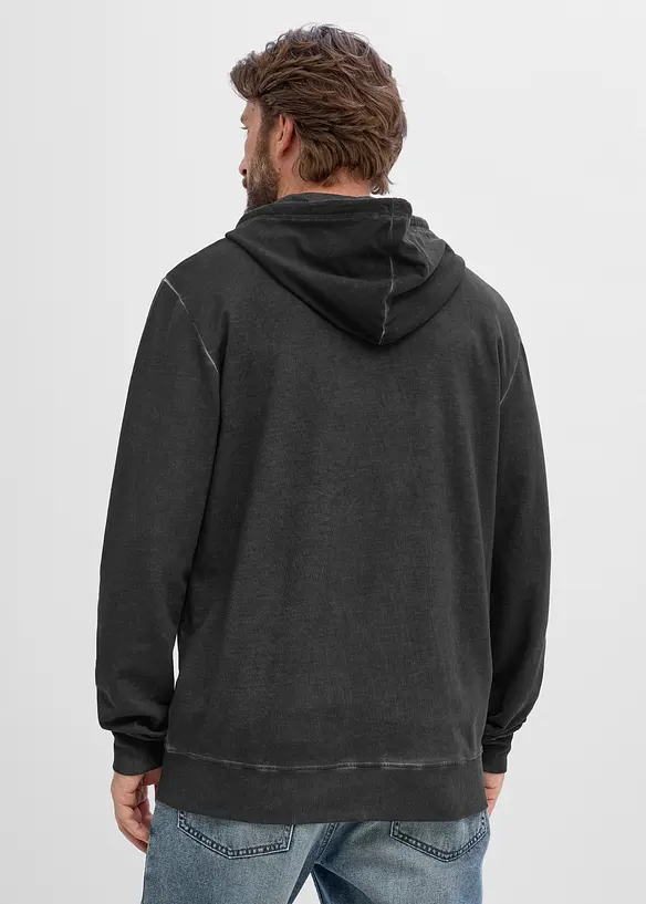 Felpa in puro cotone con zip, cappuccio ed effetto lavato, bonprix