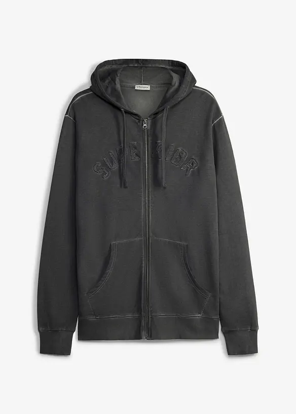 Felpa in puro cotone con zip, cappuccio ed effetto lavato, bonprix