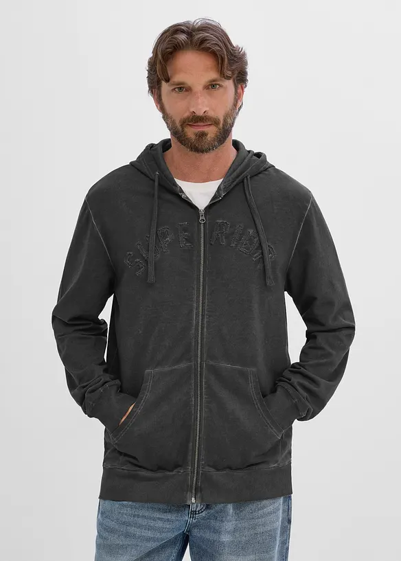 Felpa in puro cotone con zip, cappuccio ed effetto lavato, bonprix