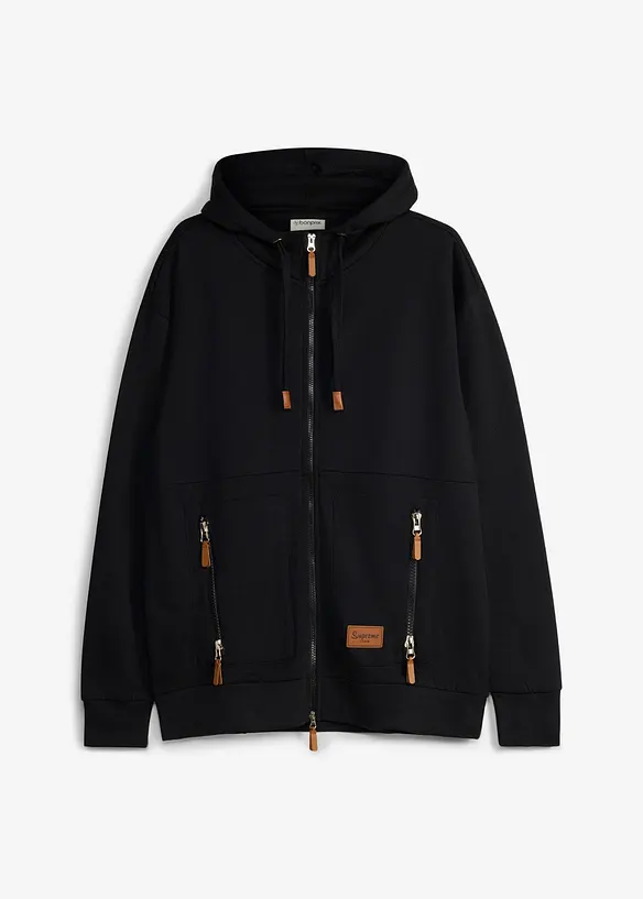 Felpa con zip e cappuccio in misto cotone morbido, loose fit, bonprix