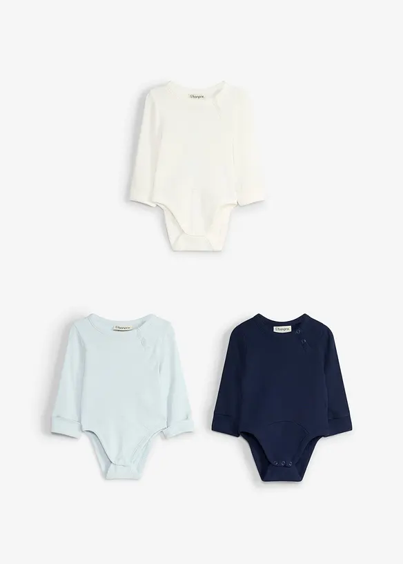 Body estensibile a maniche lunghe in puro cotone (pacco da 3), bonprix