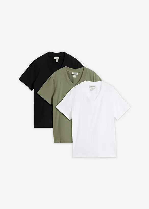 T-shirt in puro cotone biologico con scollo a V (pacco da 3), bonprix