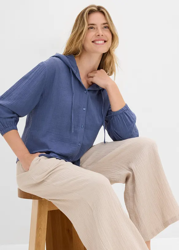 Blusa in mussola di puro cotone con cappuccio, bonprix