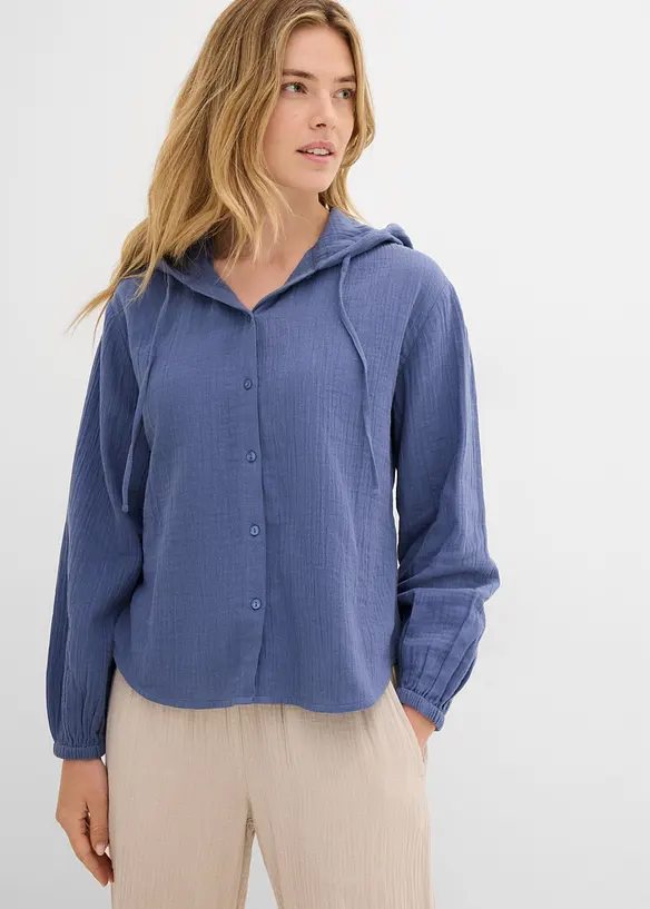 Blusa in mussola di puro cotone con cappuccio, bonprix