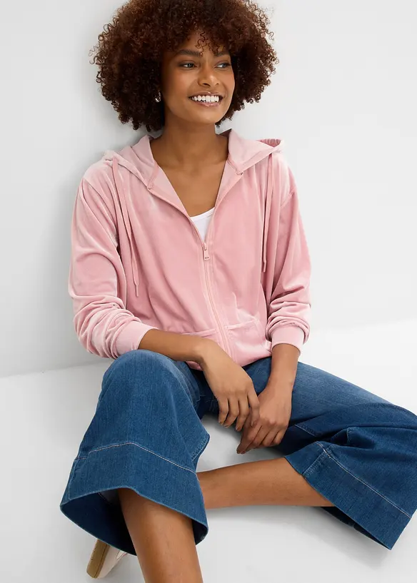 Felpa in velluto con zip e cappuccio, bonprix