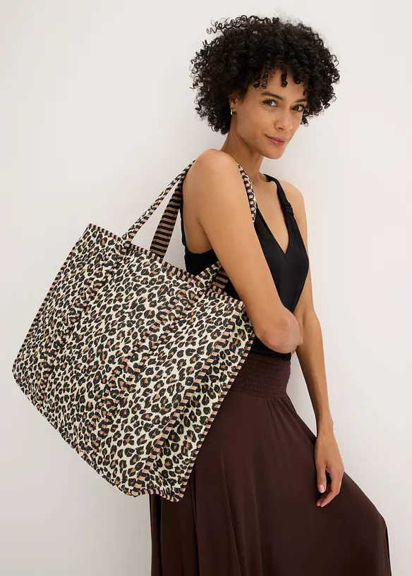 Borsa shopper reversibile in cotone con stampa leopardata, bonprix