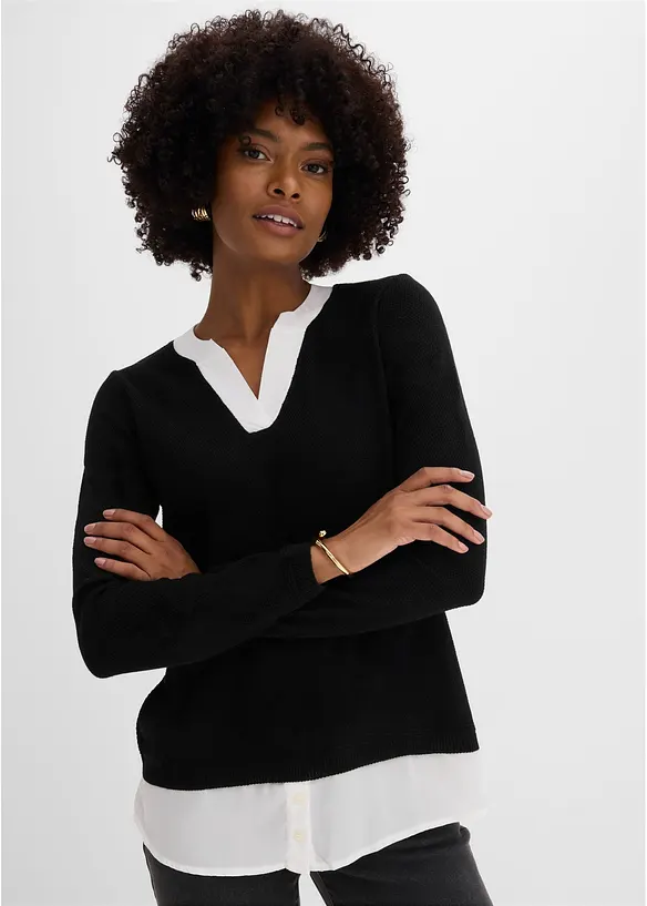 Maglione in filato fine con inserti effetto camicia, bonprix