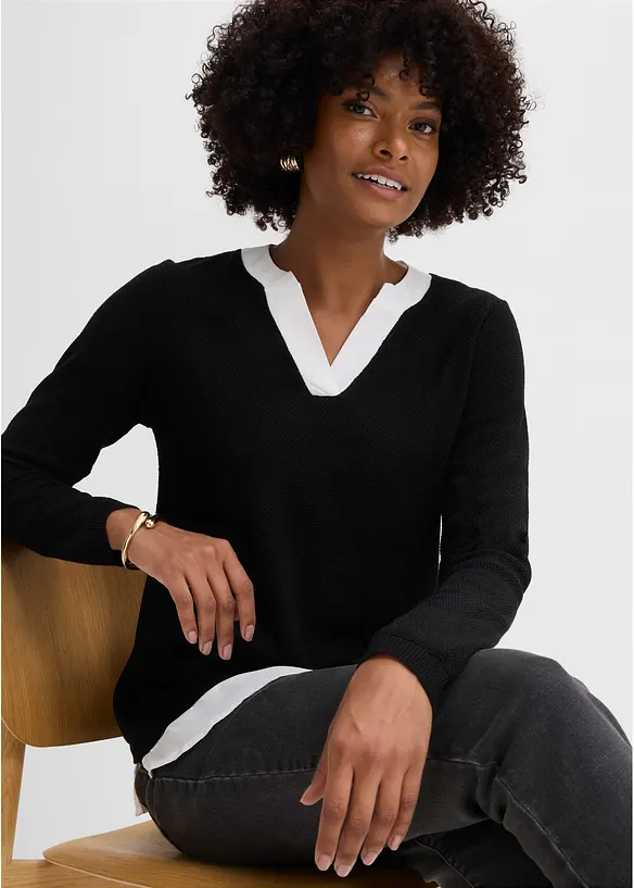 Maglione in filato fine con inserti effetto camicia, bonprix