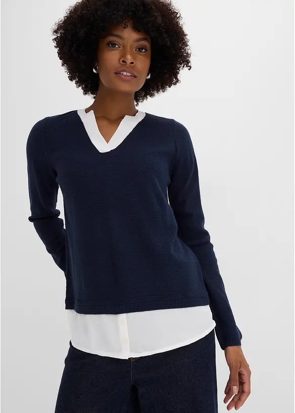 Maglione in filato fine con inserti effetto camicia, bonprix
