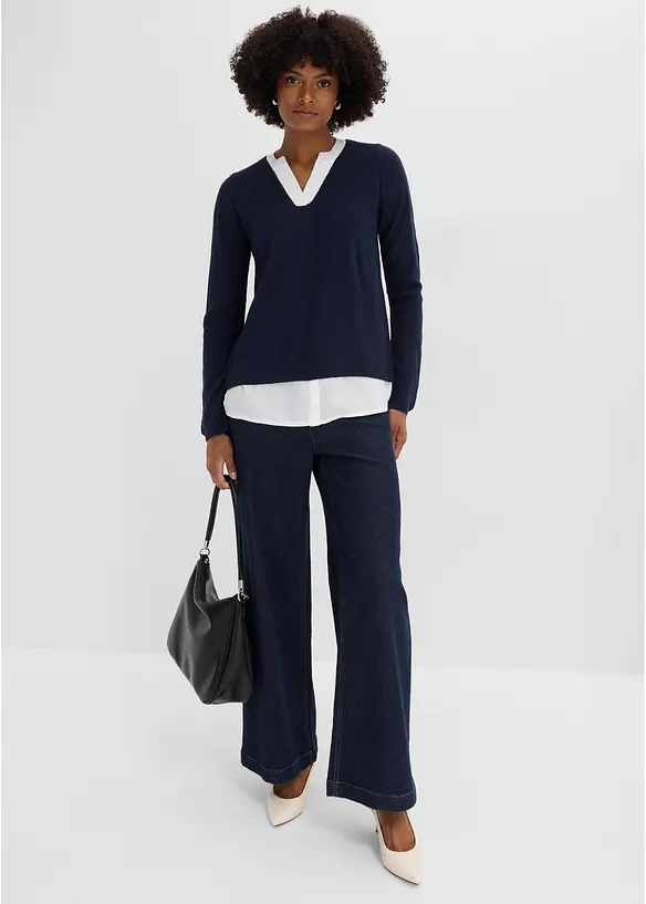 Maglione in filato fine con inserti effetto camicia, bonprix