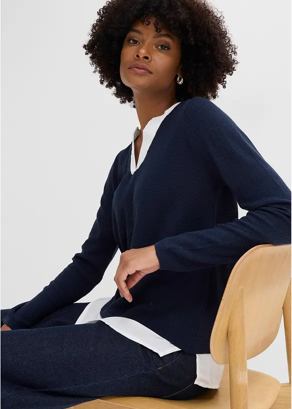 Maglione in filato fine con inserti effetto camicia, bonprix