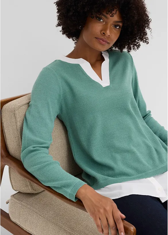 Maglione in filato fine con inserti effetto camicia, bonprix