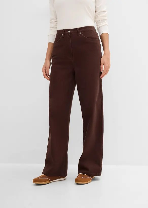 Pantaloni in twill a gamba larga e vita alta, bonprix