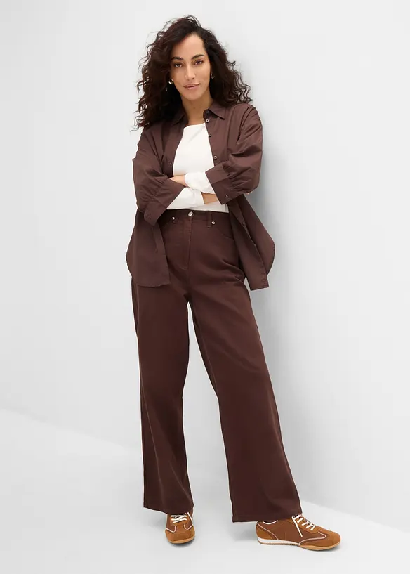 Pantaloni in twill a gamba larga e vita alta, bonprix