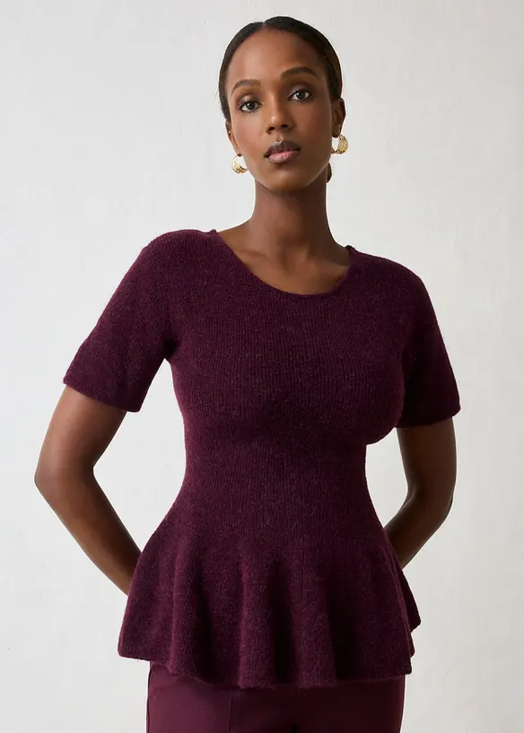 Maglione a maniche corte in misto  lana con baschina, bonprix