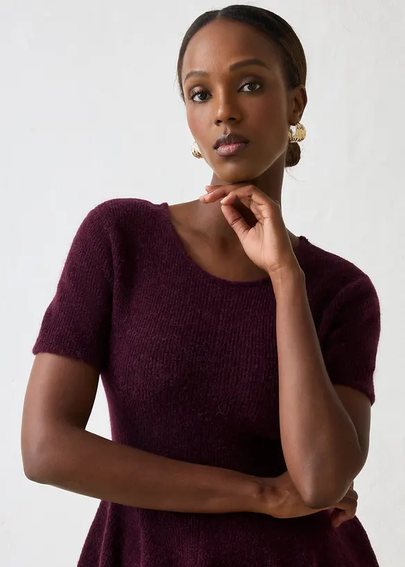 Maglione a maniche corte in misto  lana con baschina, bonprix