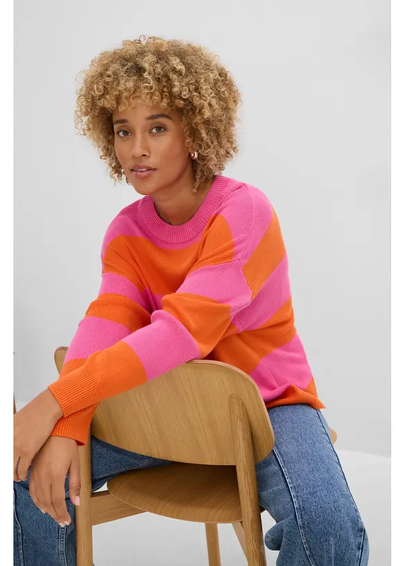 Maglione con scollo rotondo in maglia fine color block, bonprix