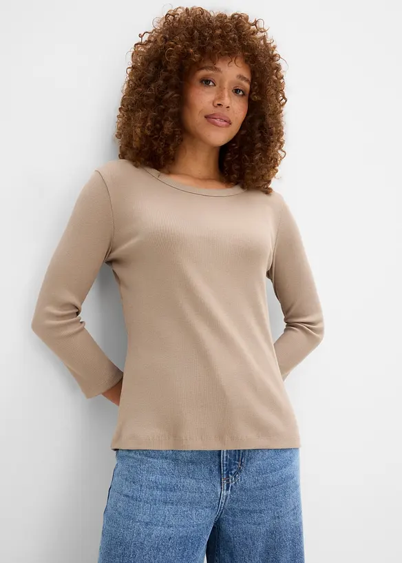 Maglia a costine in puro cotone biologico con maniche a 3/4 (pacco da 3), bonprix