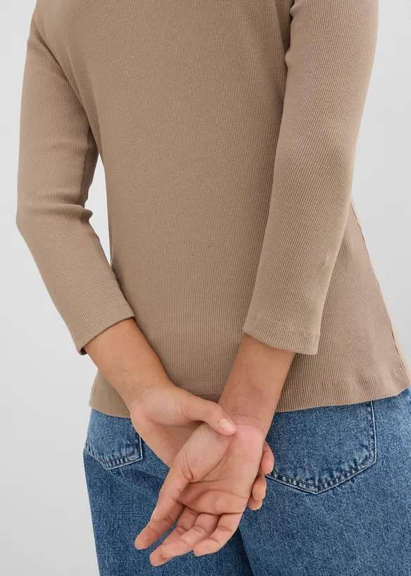 Maglia a costine in puro cotone biologico con maniche a 3/4 (pacco da 3), bonprix