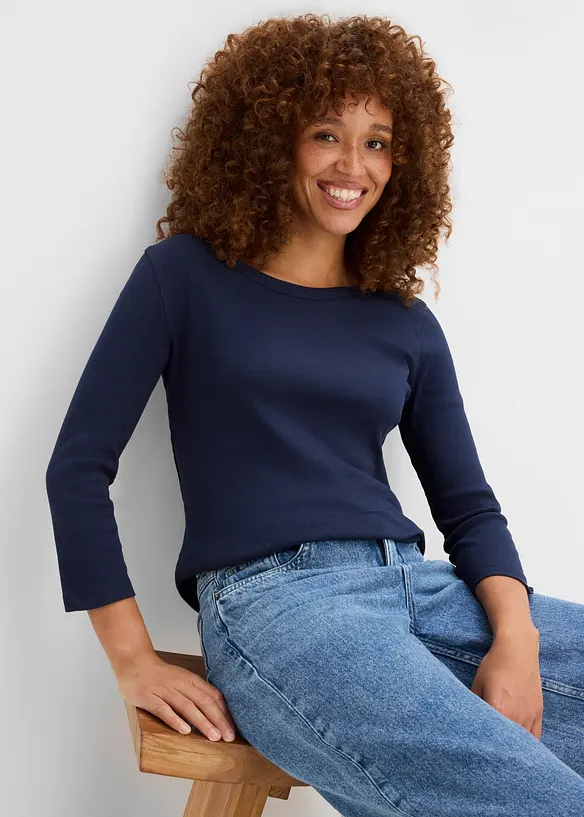 Maglia a costine in puro cotone biologico con maniche a 3/4 (pacco da 3), bonprix