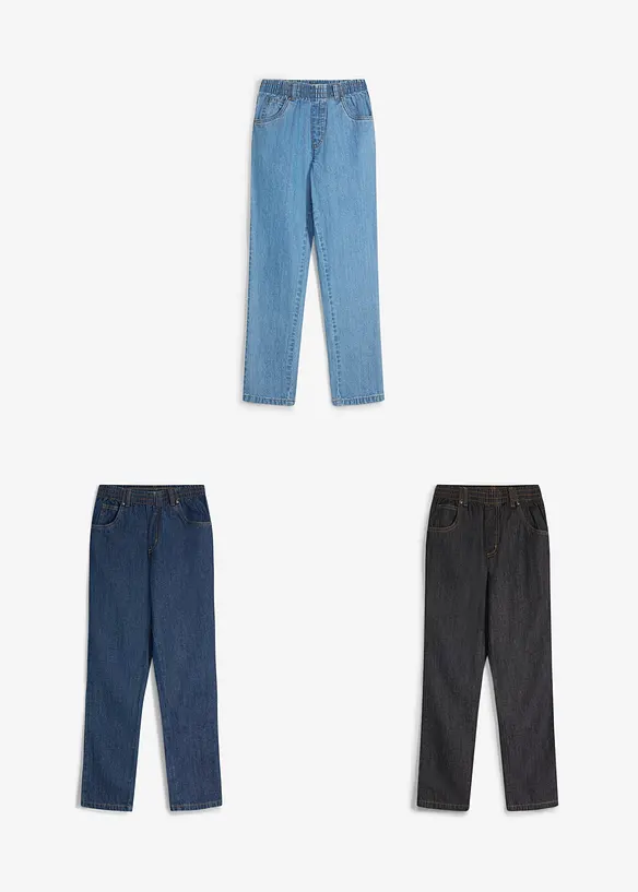 Pantaloni regular fit con elastico in vita in puro cotone, straight (pacco da 3), bonprix