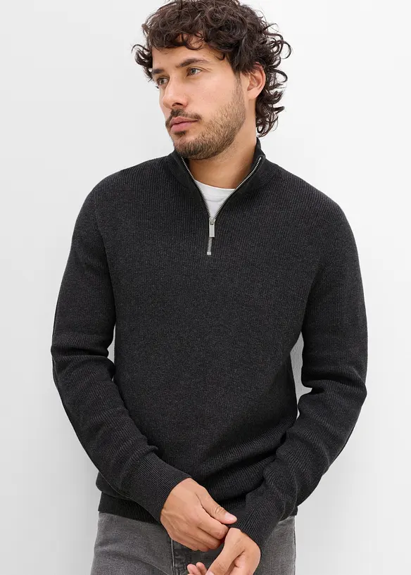 Maglione con collo alto e zip in puro cotone, bonprix