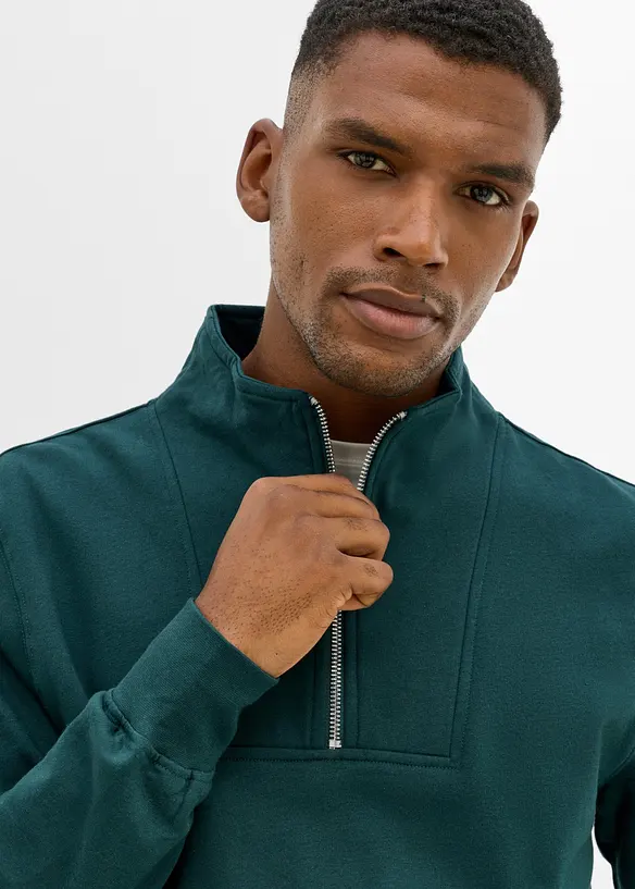 Felpa con collo alto e zip in puro cotone biologico, bonprix