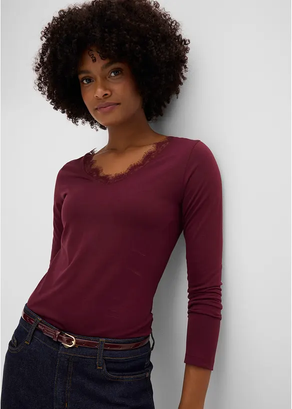 Maglia in jersey singolo e pizzo con scollo a V, bonprix