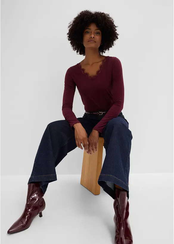 Maglia in jersey singolo e pizzo con scollo a V, bonprix