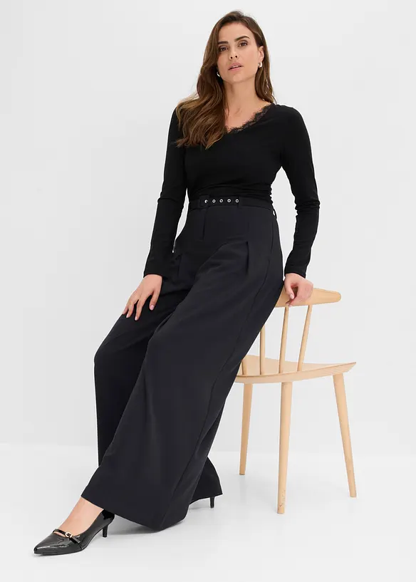 Maglia in jersey singolo e pizzo con scollo a V, bonprix