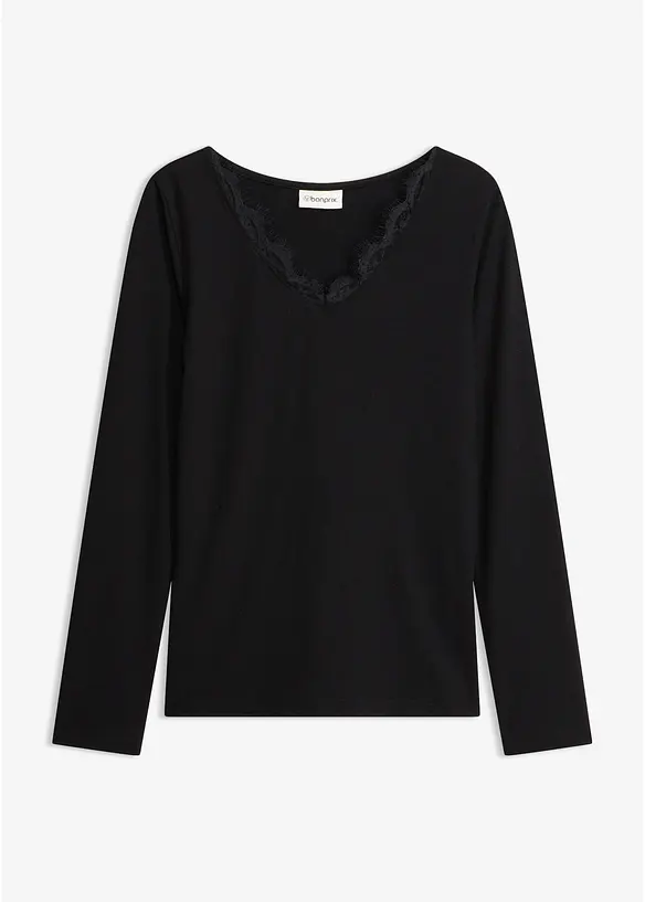 Maglia in jersey singolo e pizzo con scollo a V, bonprix