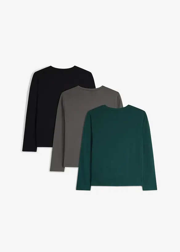 Maglia a maniche lunghe in cotone biologico morbido con taschino al petto (pacco da 3), bonprix