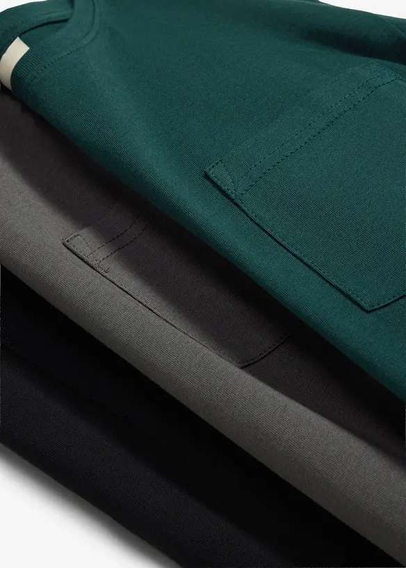 Maglia a maniche lunghe in cotone biologico morbido con taschino al petto (pacco da 3), bonprix