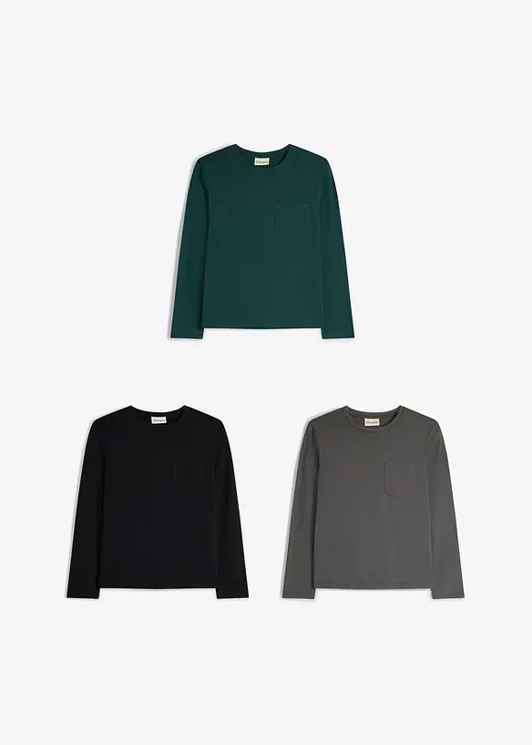 Maglia a maniche lunghe in cotone biologico morbido con taschino al petto (pacco da 3), bonprix