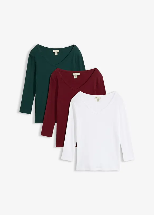 Maglia a costine in puro cotone biologico con maniche a 3/4 (pacco da 3), bonprix