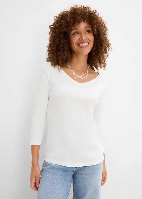 Maglia a costine in puro cotone biologico con maniche a 3/4 (pacco da 3), bonprix