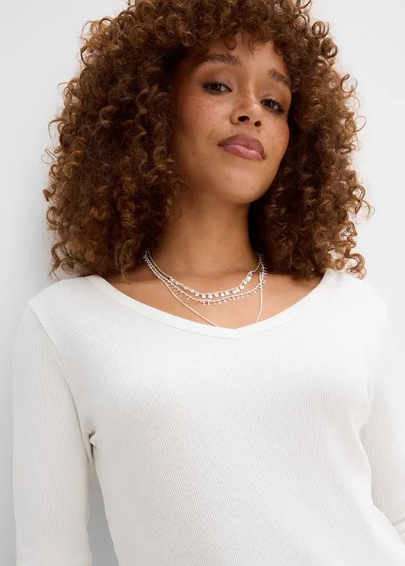 Maglia a costine in puro cotone biologico con maniche a 3/4 (pacco da 3), bonprix
