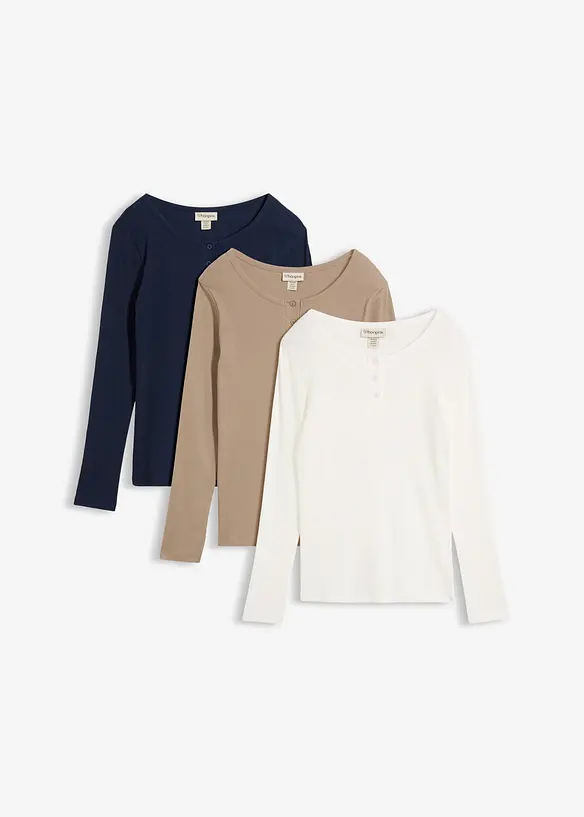 Maglia serafino a coste in puro cotone biologico (pacco da 3), bonprix
