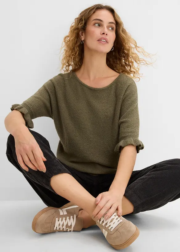Maglione in misto cotone con maniche a volant, bonprix
