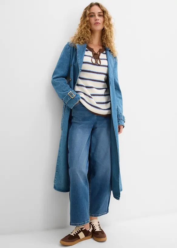Maglione in misto cotone con laccetto allo scollo, bonprix