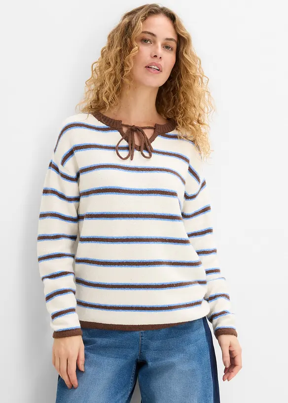 Maglione in misto cotone con laccetto allo scollo, bonprix