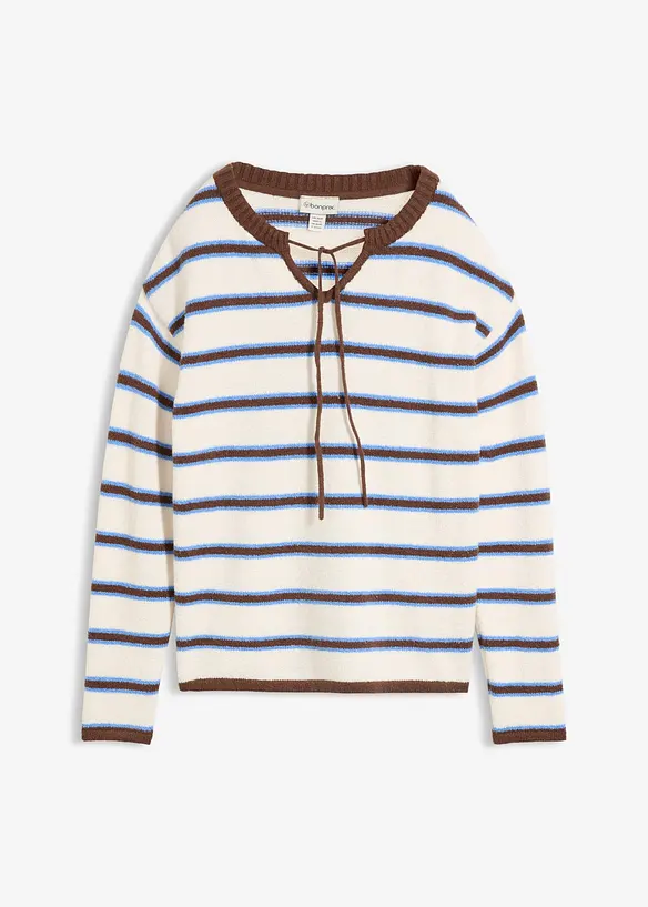 Maglione in misto cotone con laccetto allo scollo, bonprix
