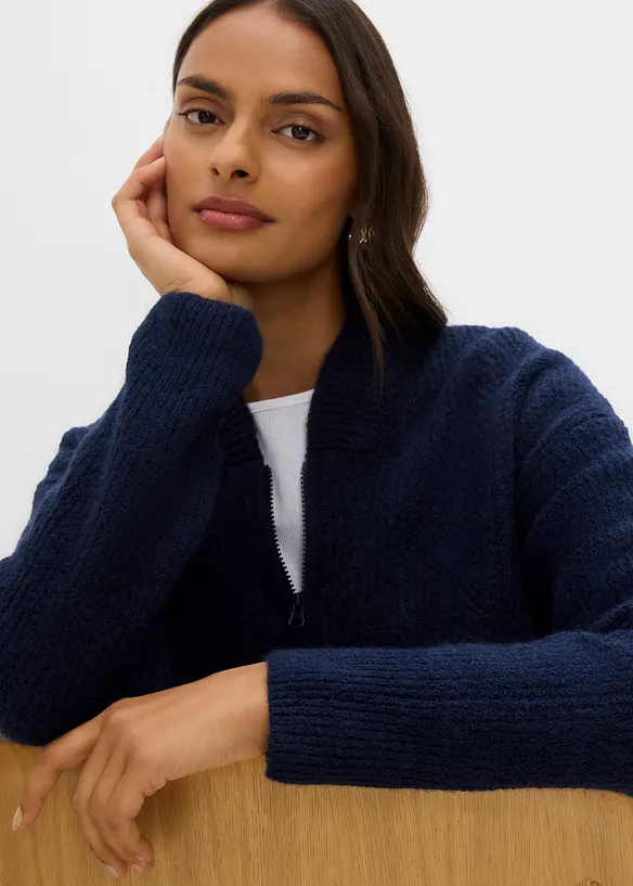 Cardigan con zip in morbido in misto lana, bonprix